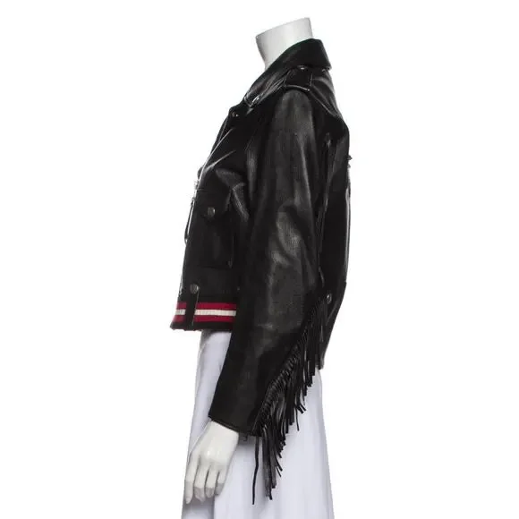 Coach 1941 Women’s XS/2 Black 100% Calf Leather Biker Moto Jacket Striped Fringe - Picture 3 of 5